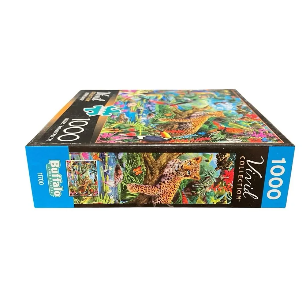 Vivid Leopard Jungle 1000 Pc Puzzle Jaguar Parrots Toucan Tropical Birds Buffalo